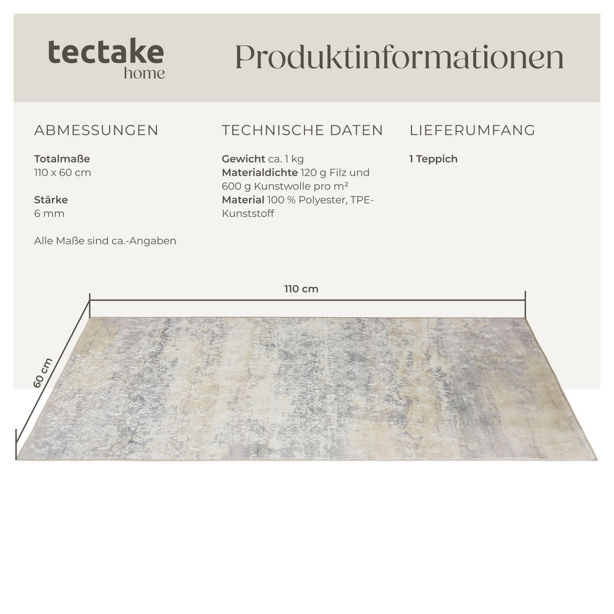 TEPPICH Vintage Design Dalia,rutschfeste Unterfläche,beige - Beige, Kunststoff (60/110cm) - tectake