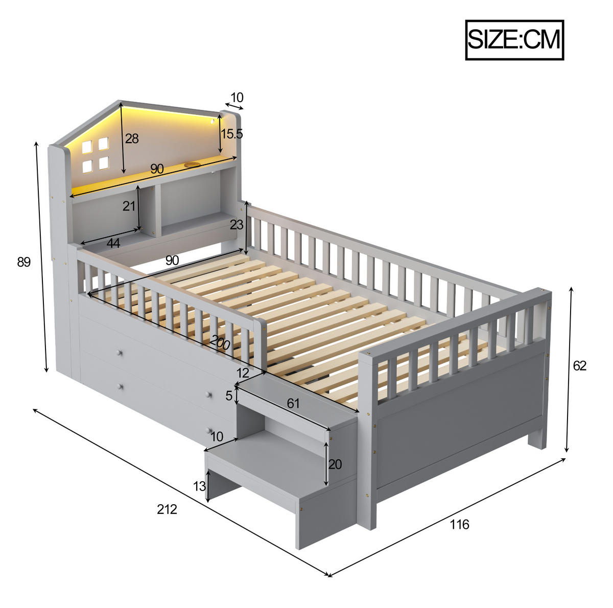 KINDERBETT mit 4 Schubladen und Stufen 90x200 cm Grau - Grau, Holzwerkstoff (90/200cm) - Beauniv