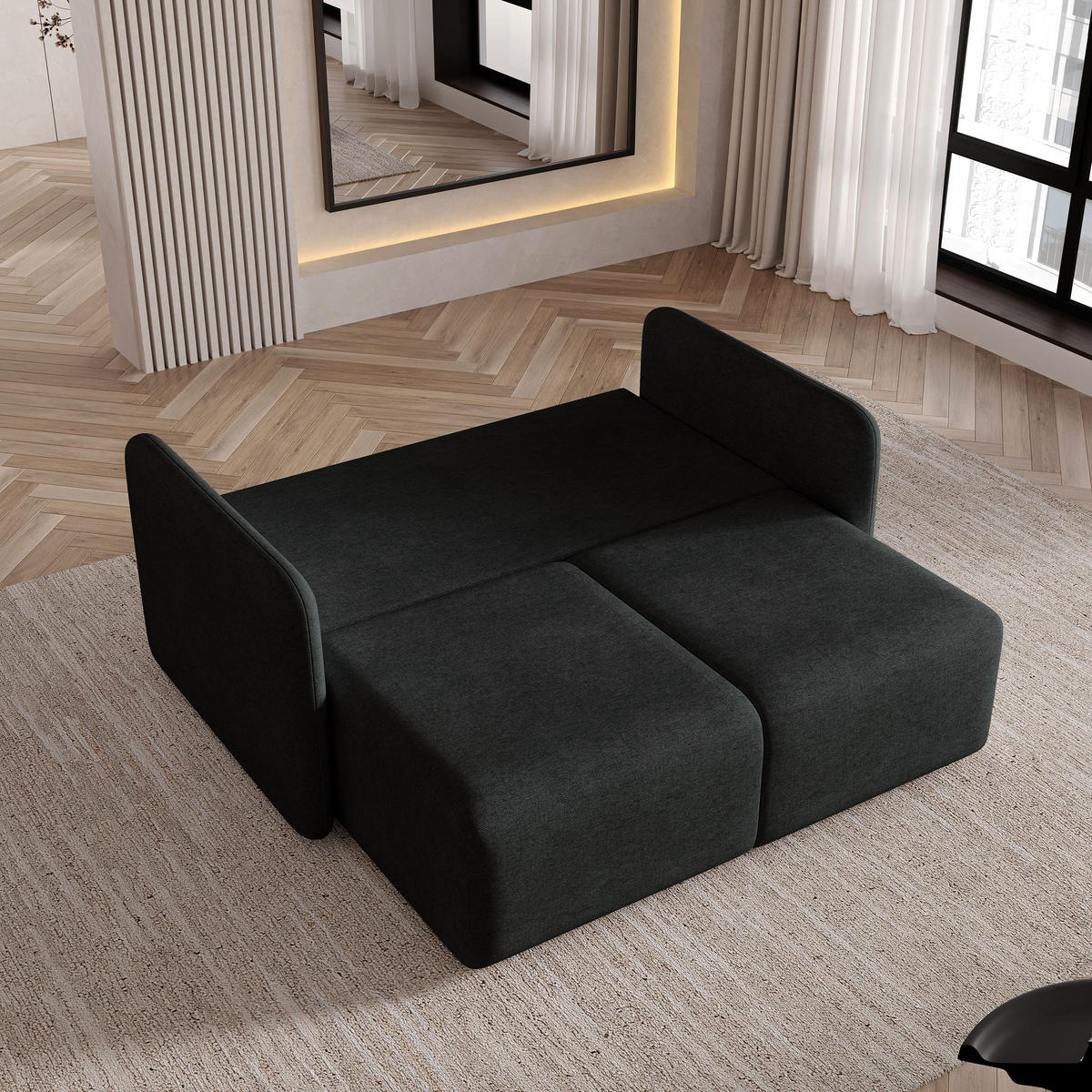 BETTSOFA SUVI II NV Schwarz Geflochtener Stoff mit Schlaffunktion - Schwarz, Textil (90/85/153cm) - MASSENO