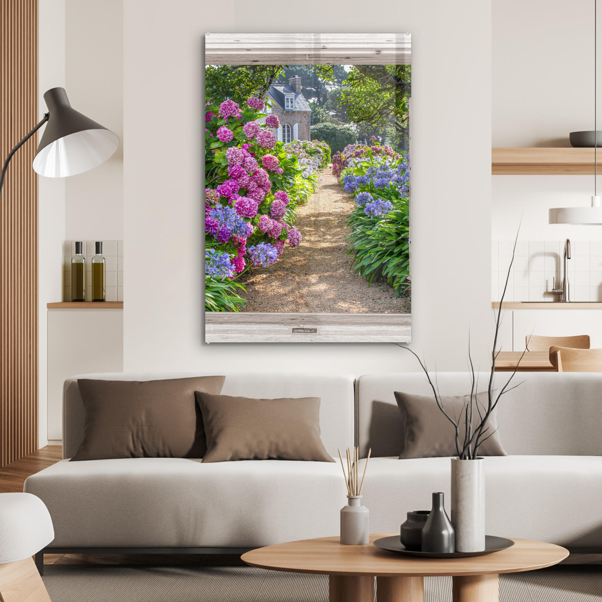 ACRYLGLASBILD Hortensie - Ansicht - Blumen - Sommer - Lila - Weg 60x90 cm - Lila, Glas (60/90cm) - MuchoWow