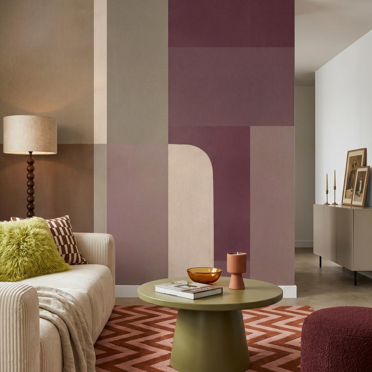 TAPETE - Unis - Abstrakt - Bordeaux - Linien - 200x200 cm - Multicolor, Papier (200/200cm) - OnlyWow