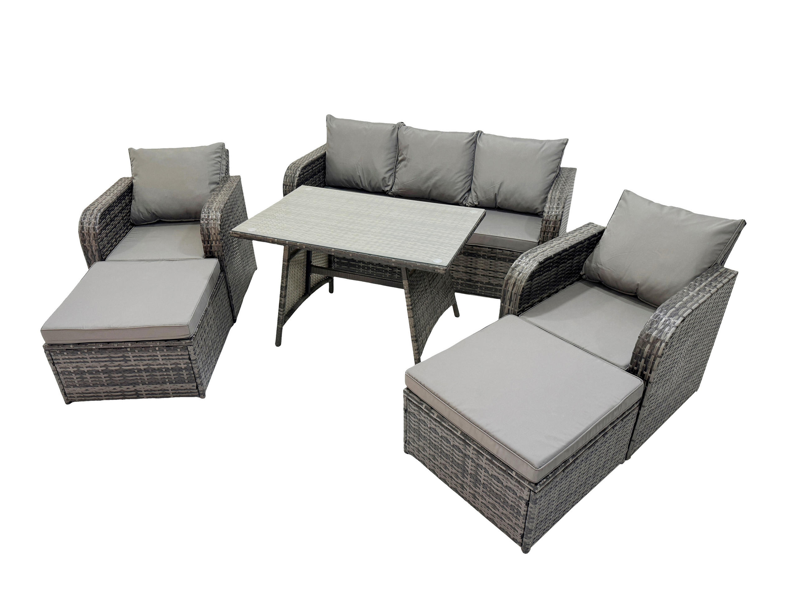 GARTENMÖBELSET mit ESSTISCH,SOFA Polyrattan 7-Sitzer - Dunkelgrau/Grau, Glas/Kunststoff - Fimous
