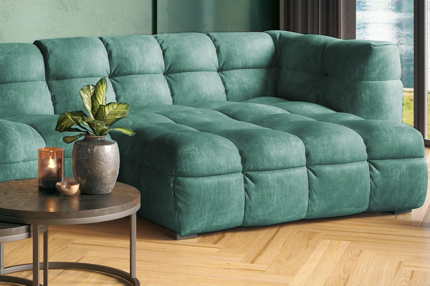 ECKSOFA RIO Petrol Velvet - Petrol/Schwarz, Textil (319/170cm) - KAWOLA