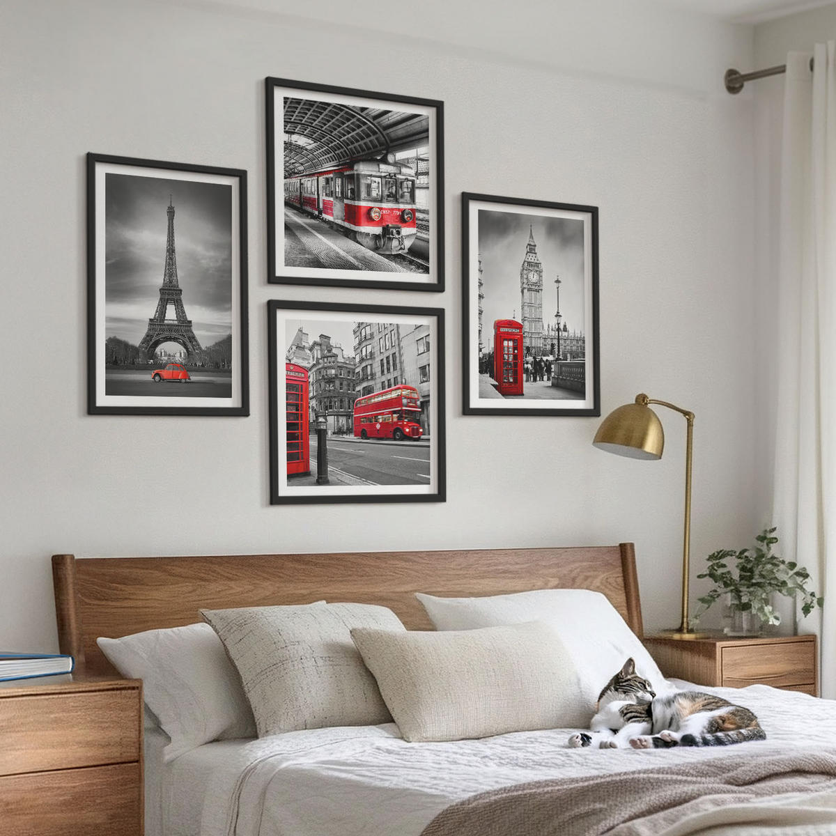 WANDBILDER 4er-Set - 50x50 cm & 40x60 cm Schwarzer Rahmen - Rote Busse in der Stadt - Schwarz, Kunststoff (50/50cm) - ArtPrintCave
