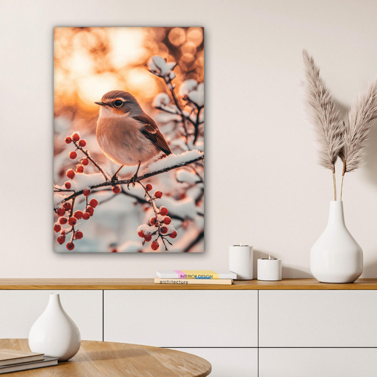 LEINWANDBILD Vogel - Zweig - Winter - Tiere - Schnee Wanddeko Schlafzimmer 60x90 cm - Bernsteinfarben, Textil (60/90cm) - MuchoWow