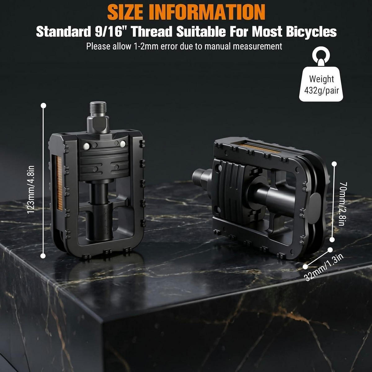 FAHRRADPEDALE Klappbar mit Reflektoren 9/16 Zoll - Schwarz, Kunststoff (7/3.2/12.3cm)