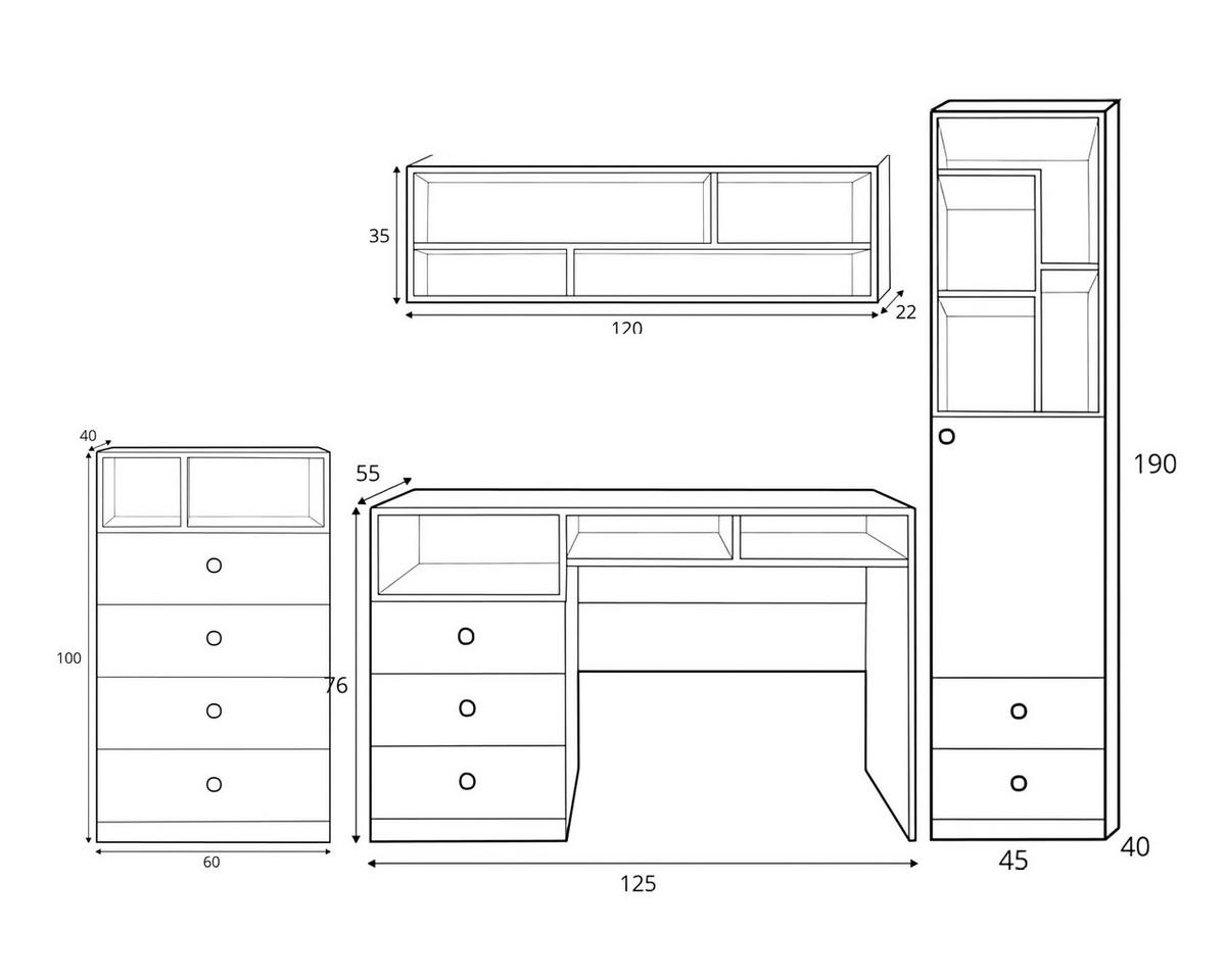 JUGENDZIMMER-SET POKO A 4-teilig in Biskuiteiche / Weiß Lux / Grau - Eichefarben/Weiß, Holzwerkstoff (230/190/55cm) - Deine Möbel 24