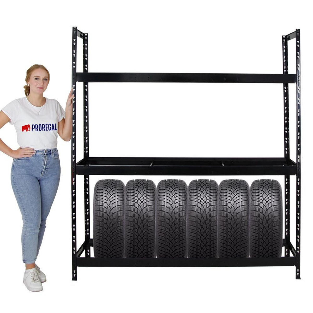 REIFENREGAL Tiger XL 2er-Set mit 2x 200x180x45 cm 300 kg Fachlast bis zu 42 Reifen Schwarz - Schwarz, Metall (360/200/45cm) - PROREGAL