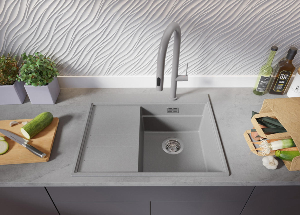 SPÜLBECKEN Sydney, 2-er set Grau 62/50 cm 1 Becken + Ablauf-Set + Küchenzubehörset ab 40er Unterschrank - Chromfarben/Beige, Kunststoff (62/20/50cm) - Primagran