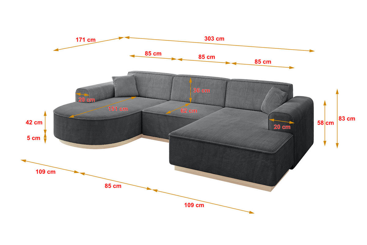 WOHNLANDSCHAFT ARRIO-U1 303x171x83 cm Dunkelgrau - Dunkelgrau, Holzwerkstoff/Textil (303/83/171cm) - ALTDECOR