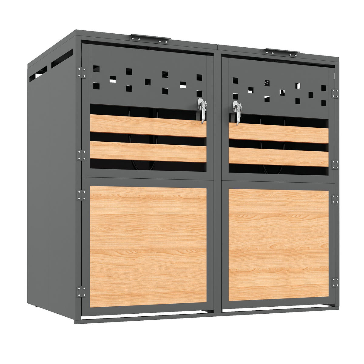 MÜLLTONNENBOX aus Stahl in Grau/Holzoptik mit hydraulischem Klappdeckel 132x80x120 cm - Grau, Metall (132/120/80cm) - Modfu