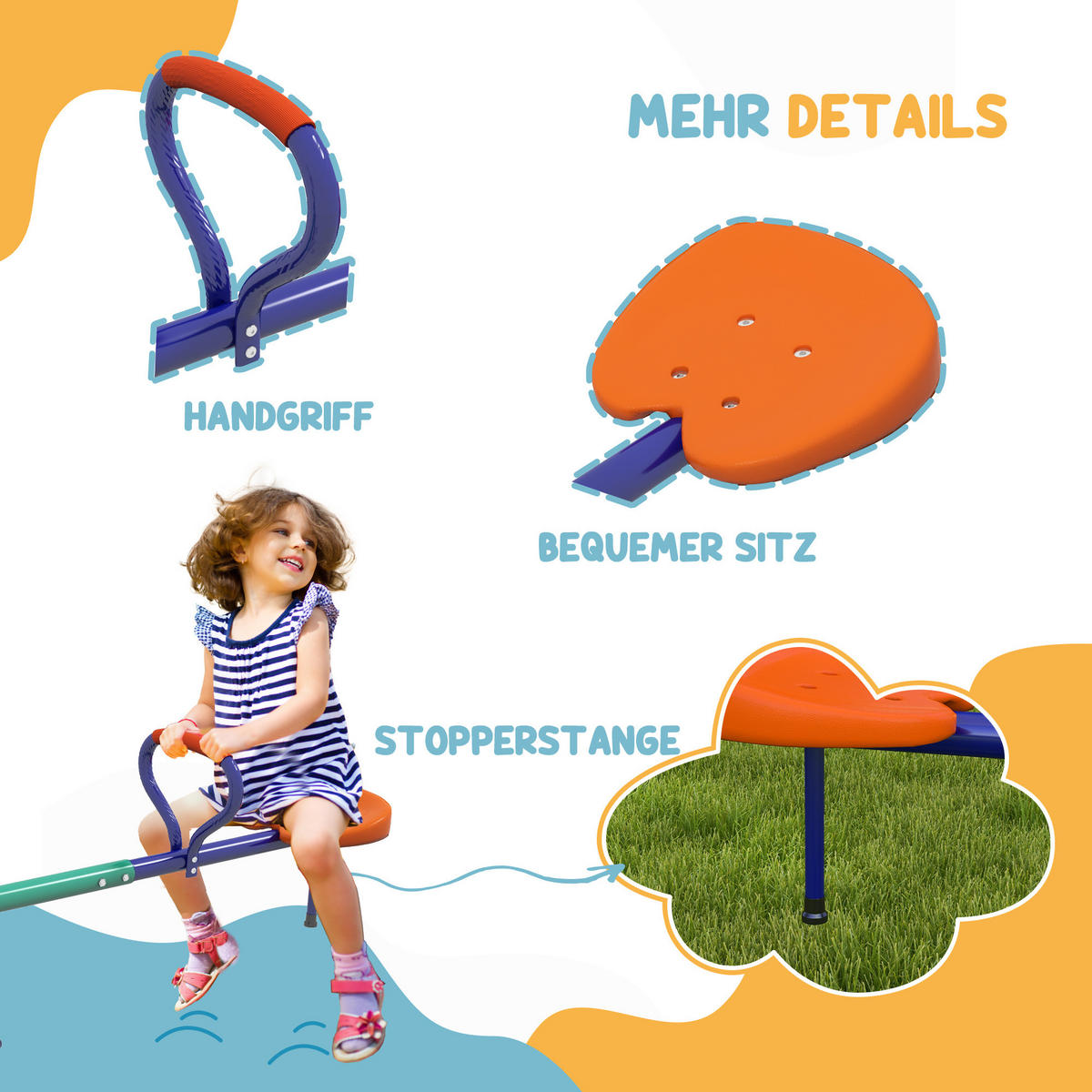 KINDERWIPPE 360° drehbar 2 Sitzer Gartenwippe bis 90kg mit Griffe Dämpfer - Multicolor, Metall (60/192cm) - Outsunny
