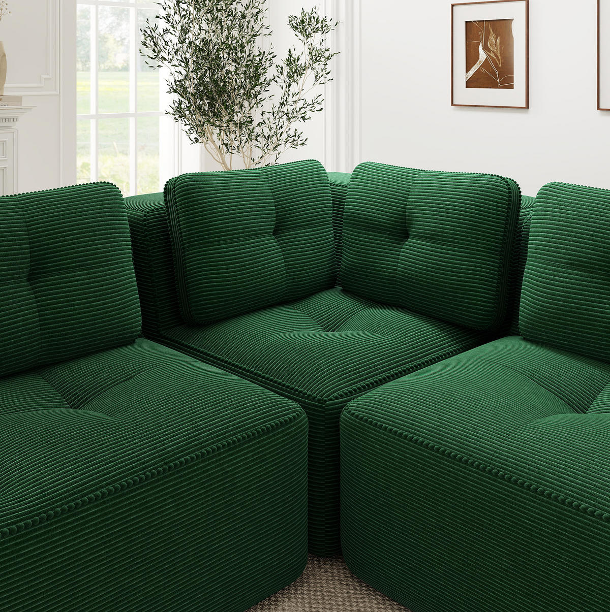 SOFA 297/104/69 cm in Grün aus Cord mit tiefem Sitzkomfort - Grün, Textil (104/69/297cm) - Flora Grace