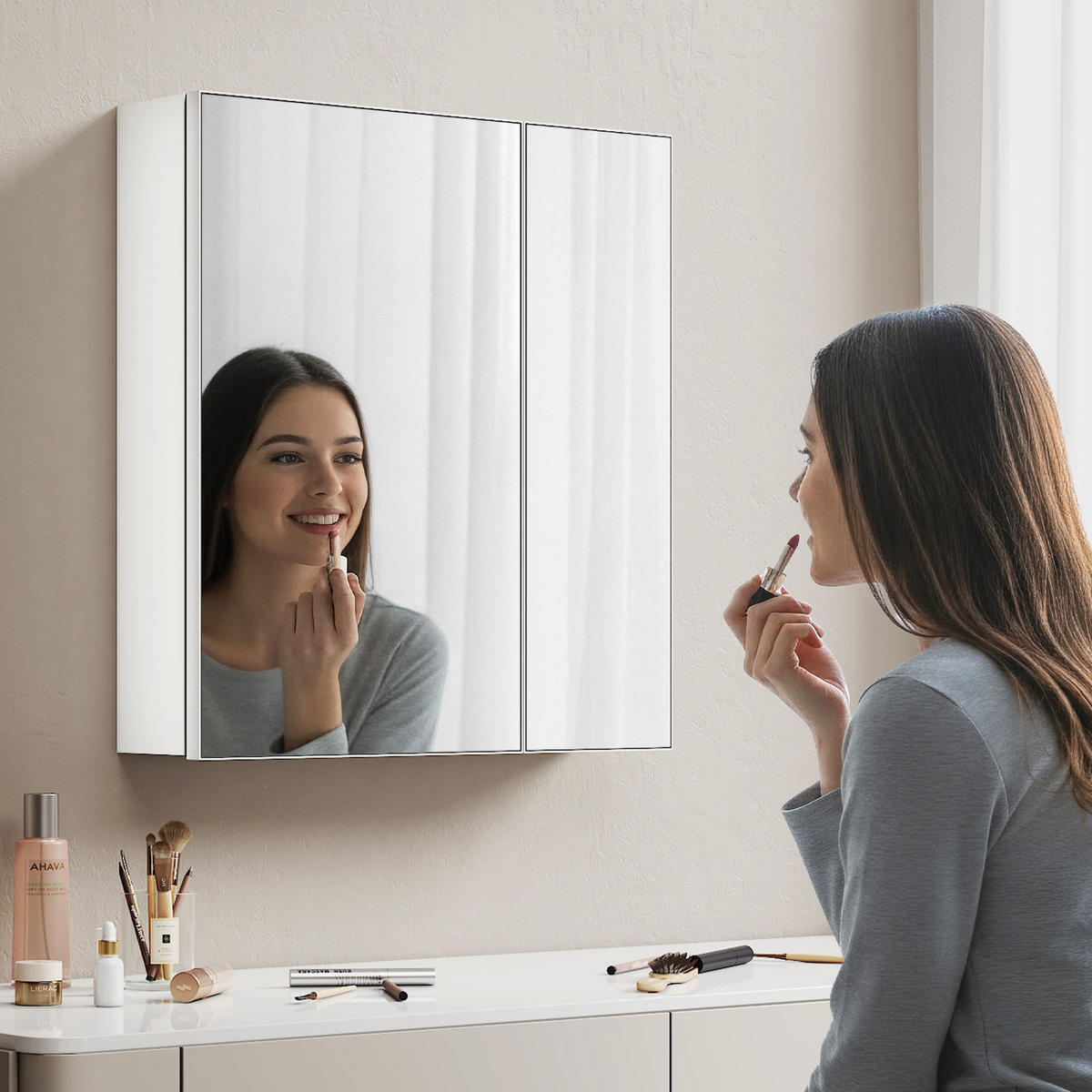 SPIEGELSCHRANK doppeltürig mattweiß 65/60/14,5 cm - Weiß, Glas (60/65/15cm) - EMKE