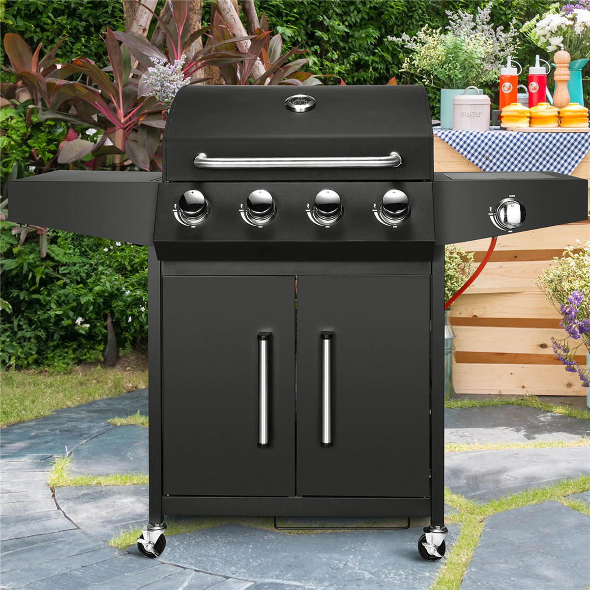 GASGRILL 4+1 Brenner mit Seitenbrenner 52000BTU, Schwarz - Schwarz, Metall (70/136/44cm) - Kaket