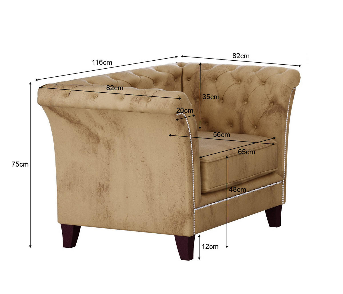 CHESTERFIELD-SESSEL Fusion Beige Samt - Beige/Braun, Holz/Textil (116/75/82cm) - S-Style Möbel