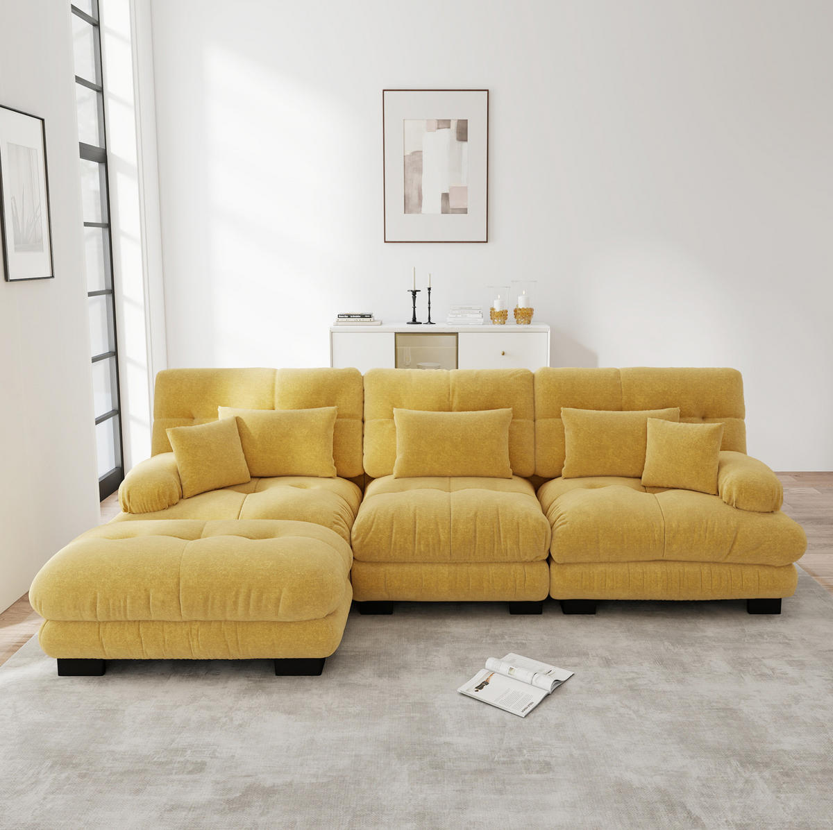 MODULARES Ecksofa aus Chenille 313x145x81 cm in Gelb mit Ottomane - Gelb, Textil (145/81/313cm) - Modfu
