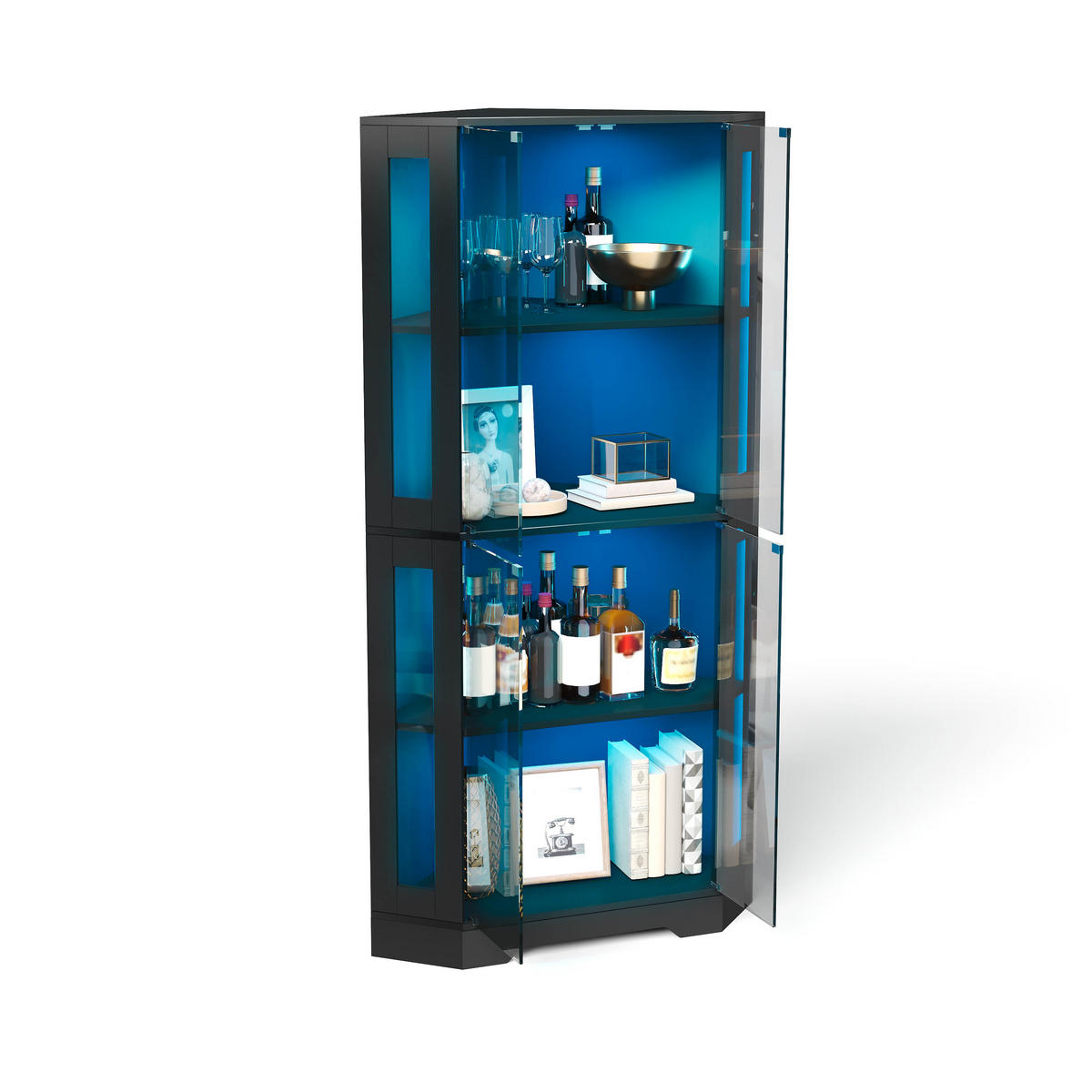 GESCHIRRSCHRANK 165 cm MDF Schwarz mit RGB-LED und Glastüren - Schwarz, Holzwerkstoff (40/165/40cm) - Korfee