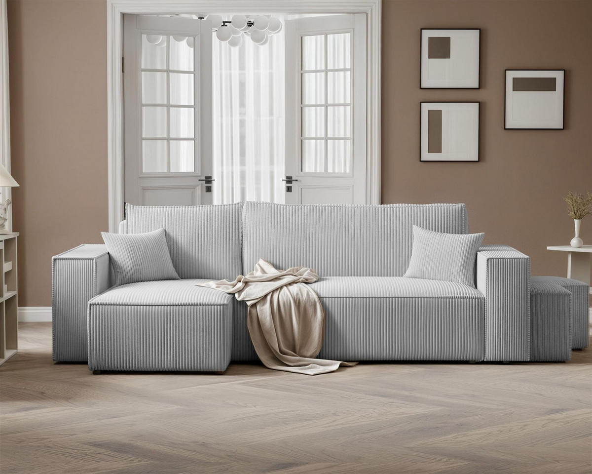 ECKSOFA Adara Inkl. Hocker - Hellgrau, Holzwerkstoff/Textil (262/145cm) - Fun Möbel