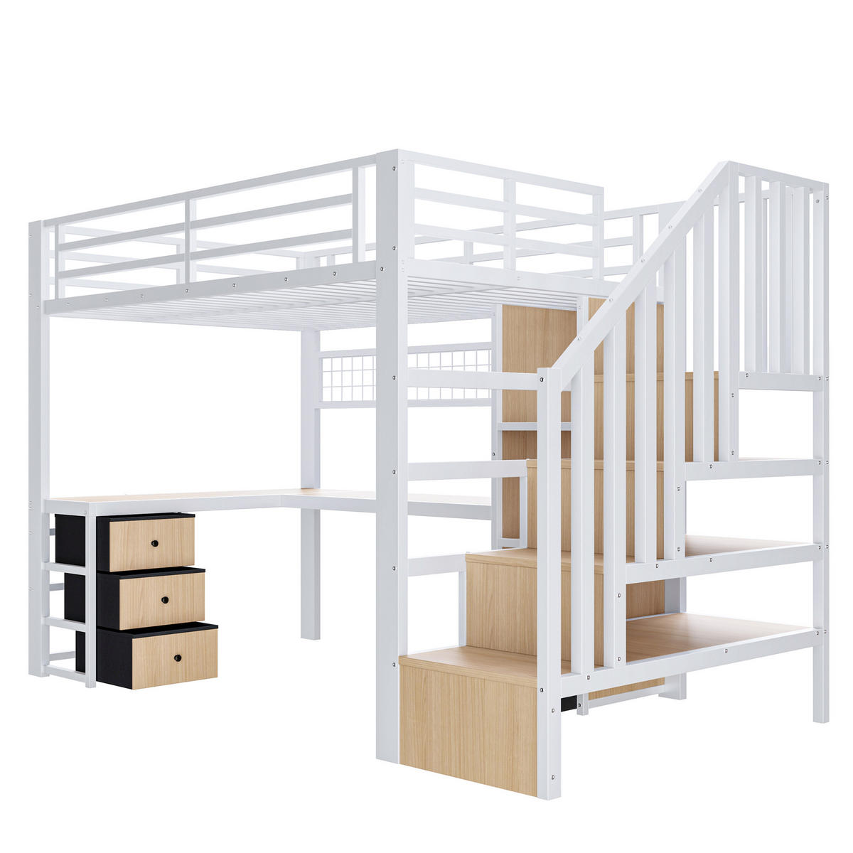 HOCHBETT 90/200 cm in Weiß mit 4 Schubladen, LED und Schreibtisch - Weiß, Holzwerkstoff/Metall (90/200cm) - STILVORA
