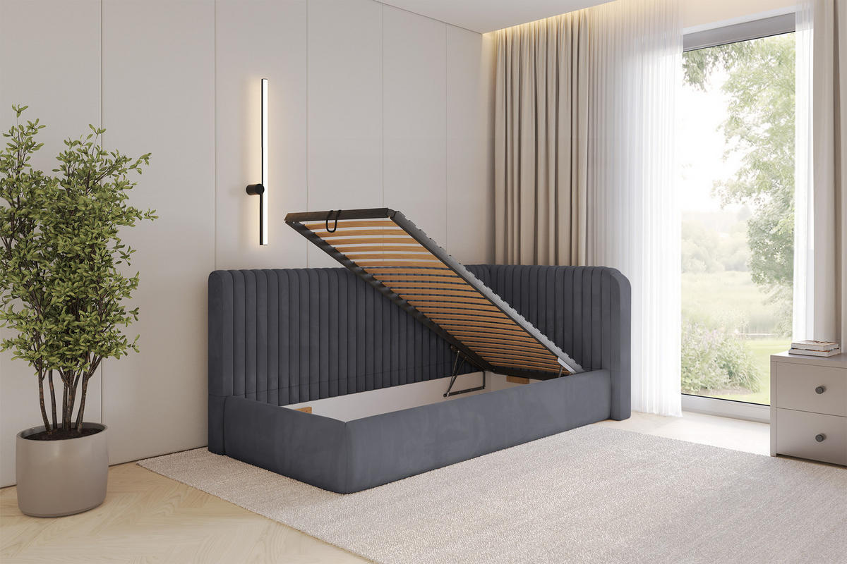 EINZELLBETT Jugendbett mit Bettkasten, Links - AURY 100x200 Dunkelgrau - Dunkelgrau, Holzwerkstoff/Textil (100/200cm) - ALTDECOR