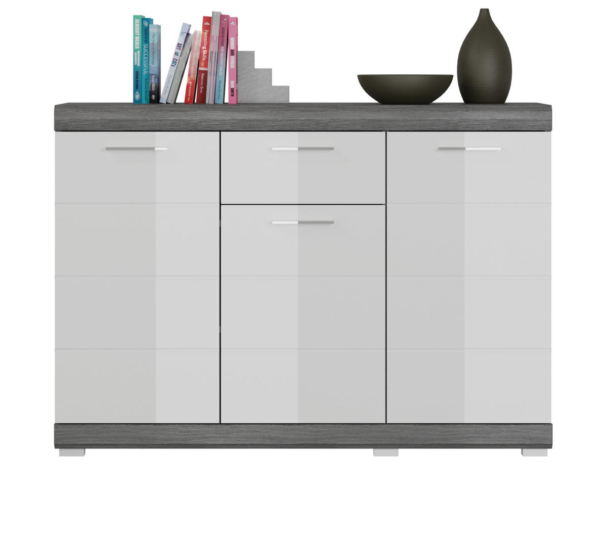 SIDEBOARD weiß Hochglanz, Rauchsilber grau 120 cm, Kommode mit 8 Fächern - Weiß Hochglanz/Silberfarben, Holzwerkstoff/Kunststoff (120/85/37cm) - Inn.Furn