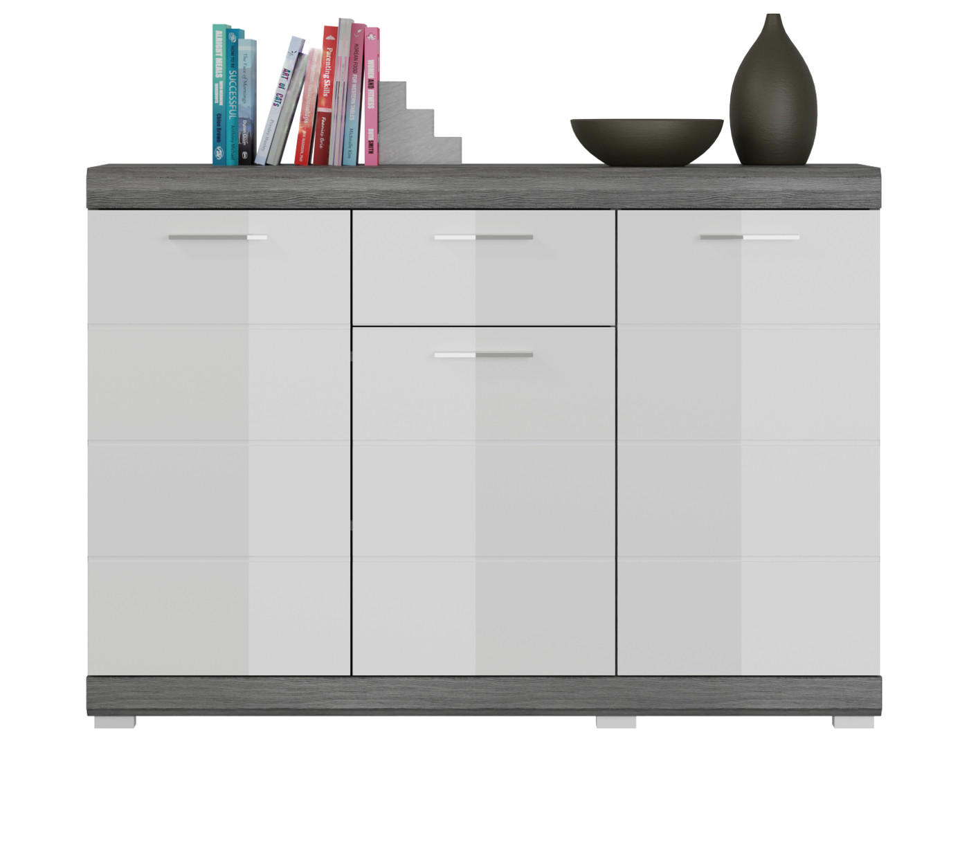 Thumbnail - Inn.Furn Sideboard, Weiß Hochglanz, Grau, Kunststoff, Nachbildung, Uni, Holz Optik, 5 Fächer, 1 Schubladen, Rechteckig, ...