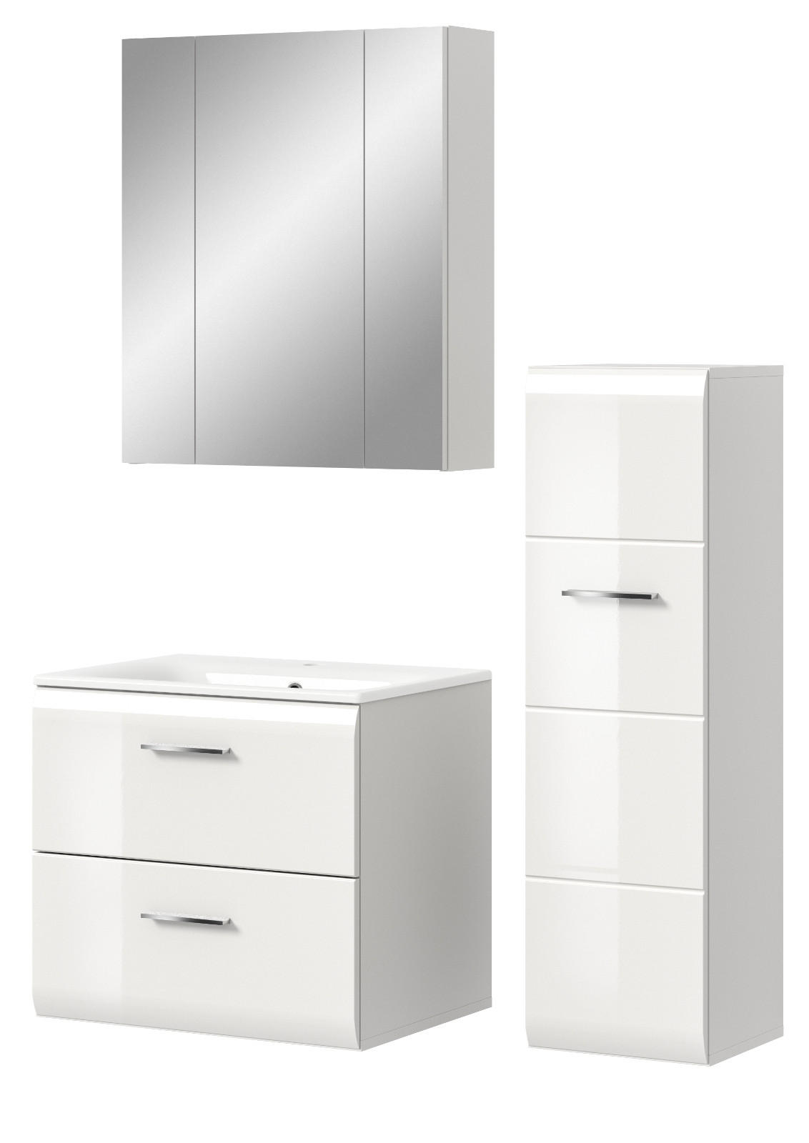 BADMÖBEL-SET weiß Hochglanz 3-teilig 105 cm, Komplettset inklusive Waschbecken - Weiß Hochglanz/Silberfarben, Glas/Holzwerkstoff (105/185/46cm) - Inn.Furn