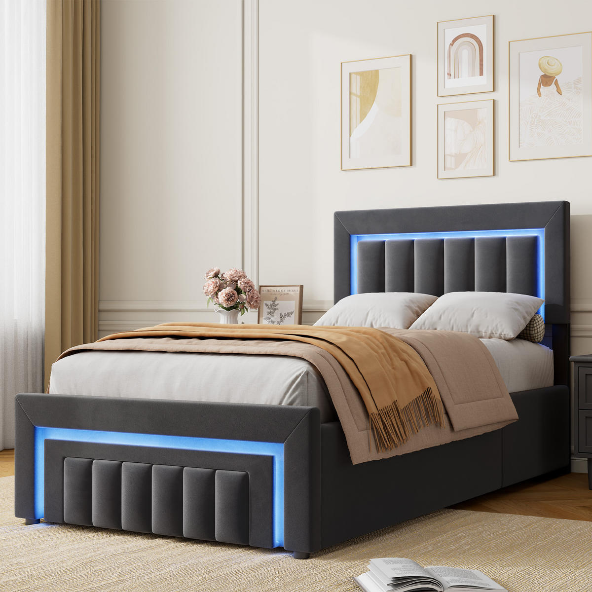 POLSTERBETT 90/190 cm mit hydraulischem Bettkasten, Schublade mit Rollen, LED-Beleuchtung, Grau - Grau, Textil (90/190cm) - Redom