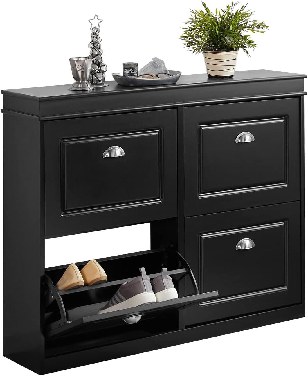 SCHUHKIPPER mit 4 Klappen, mit 8 Ablagen,105x82x24cm Schwarz - Schwarz, Holzwerkstoff (82/105/24cm) - Kaket