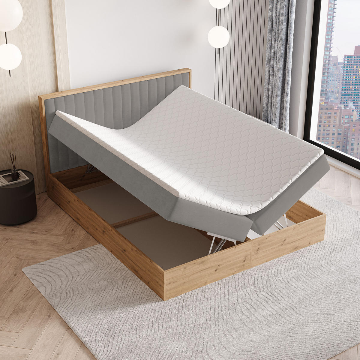 BOXBETT VARELI 180x200 cm mit Matratze und Topper - Schwarz - Schwarz, Holz (180/200cm) - MASSENO
