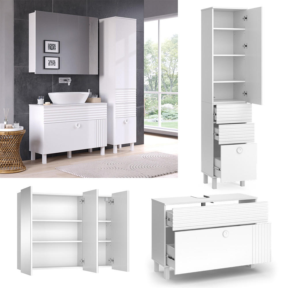 BADMÖBEL-SET Sola Weiß 3 Teile, mit Hochschrank - Weiß, Holzwerkstoff (100/72/37cm) - Vicco
