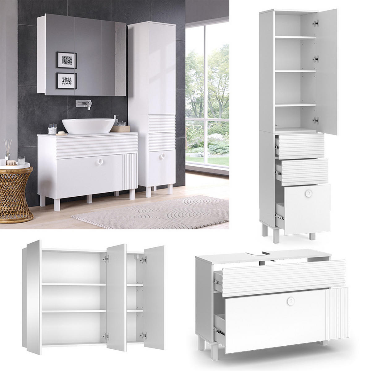 BADMÖBEL-SET Sola Weiß 3 Teile, mit Hochschrank - Weiß, Holzwerkstoff (100/72/37cm) - Vicco