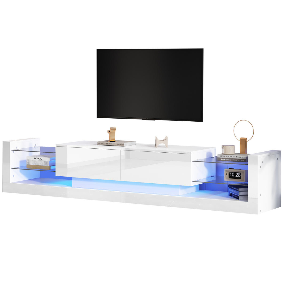 TV-LOWBOARD aus Spanplatte 181x38x38 cm Weiß mit LED-Beleuchtung und 2 Klappfächern, Hochglanzfront - Weiß, Holzwerkstoff (181/38/38cm) - Modfu