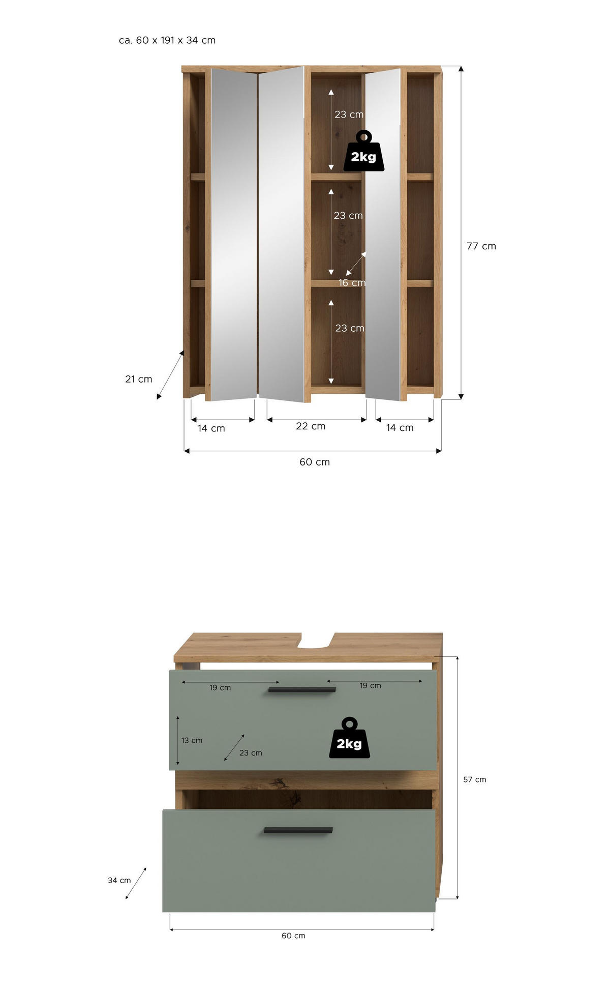 BADEZIMMER 2tlg. Flint (B/H/T: 60x191x34 cm) in Salbei und Artisan Eiche Nachbildung - Eiche Artisan, Holzwerkstoff (60/191/34cm) - Homes & Jones