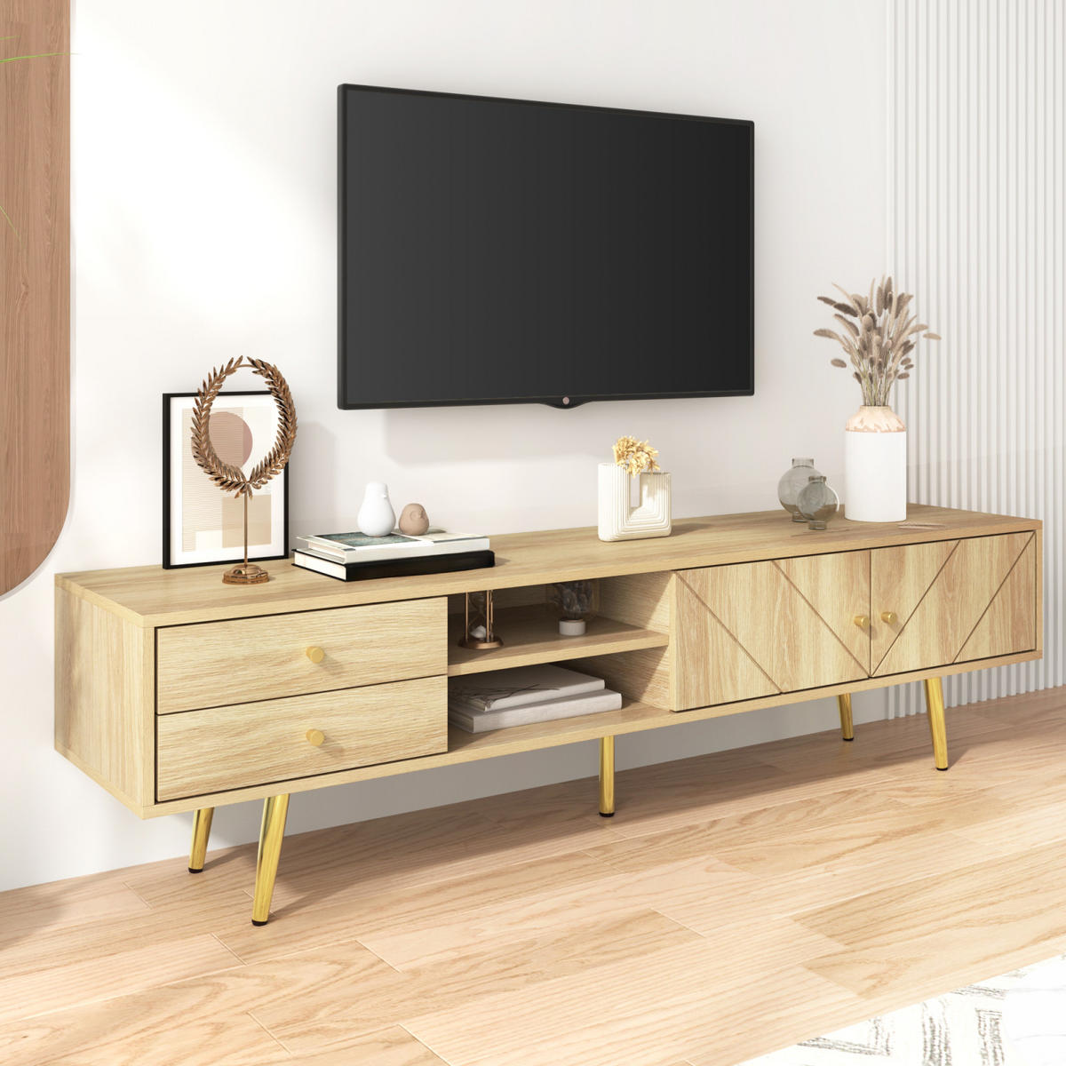 TV Lowboard 160 cm, 2 Schubladen, 2 Türen, goldene Füße, Holz - Braun, Holz (160/42/36cm)