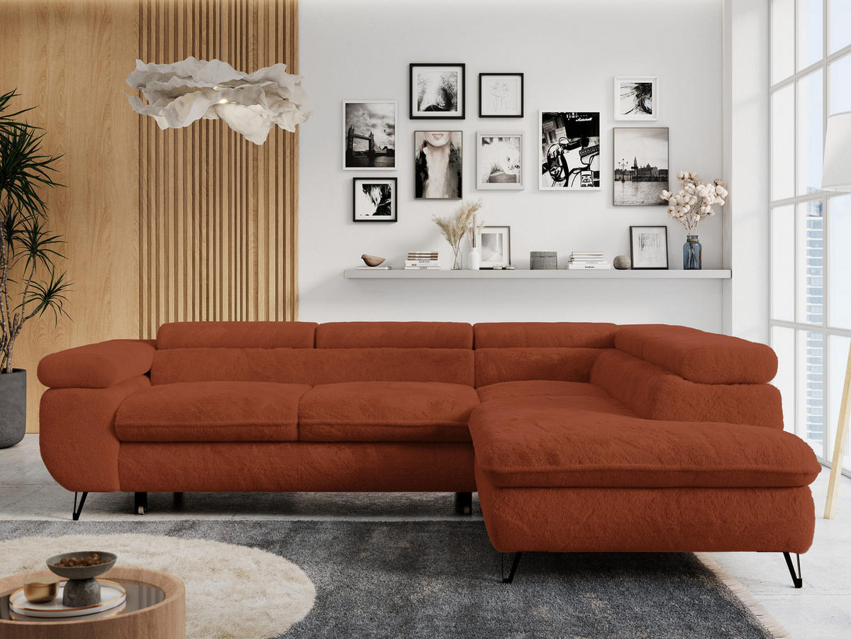 ECKSOFA PETER L Orange Plüsch - Rechts Seite - Schwarz/Orange, Textil/Metall (273/208cm) - MKS