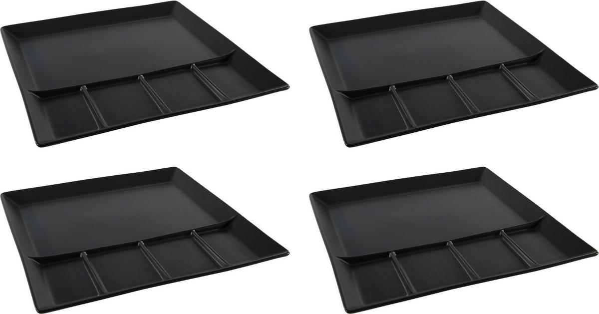 COOKINGLIFE Fondueteller / Gourmetteller / Grillteller – 5 Fächer – Schwarz – 24 x 24 cm – 4 Stück - Schwarz, Keramik (25/25/2cm) - Cookinglife
