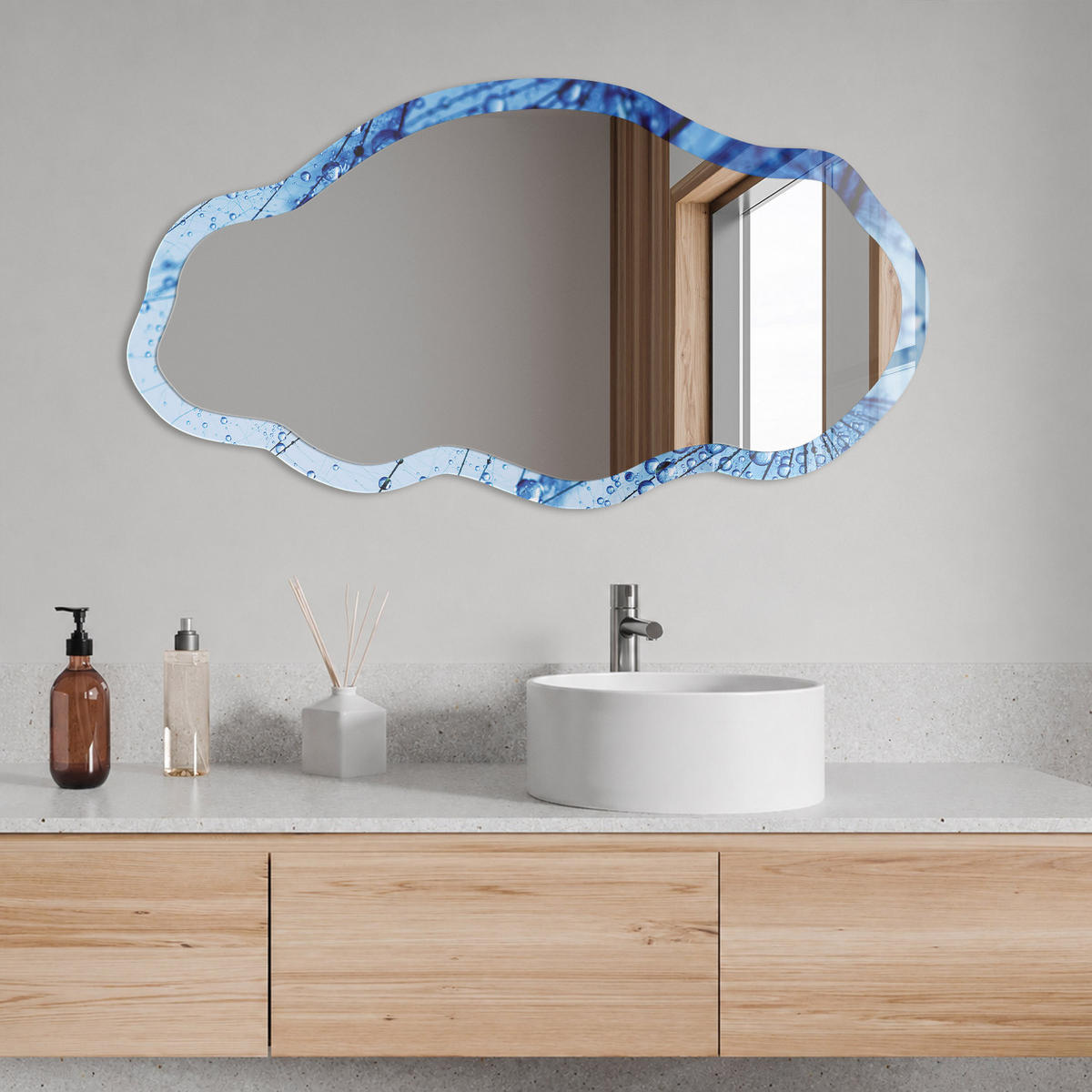 SPIEGEL 90x45 cm asymmetrisch mit Druck - Blauer Löwenzahn - Transparent, Glas (45/90/0.4cm) - TULUP