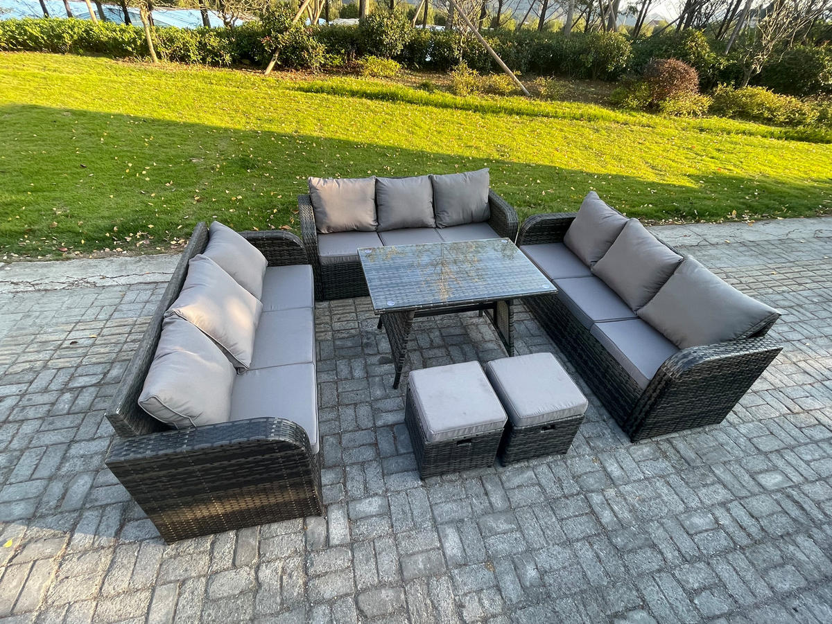 GARTENMÖBELSET mit ESSTISCH, 3-SITZER SOFA Polyrattan 11-Sitzer - Dunkelgrau/Grau, Glas/Kunststoff - Fimous