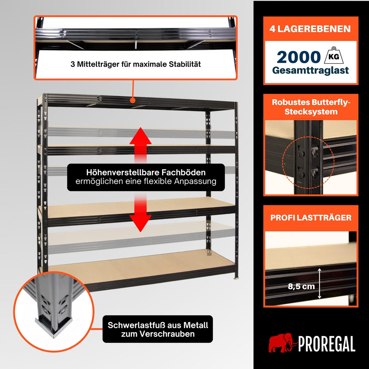SCHWERLASTREGAL Rhino 180x200x60 cm 4 Spanplatten-Ebenen 8mm Fachlast 500 kg Schwarz - Schwarz, Metall (200/180/60cm) - PROREGAL