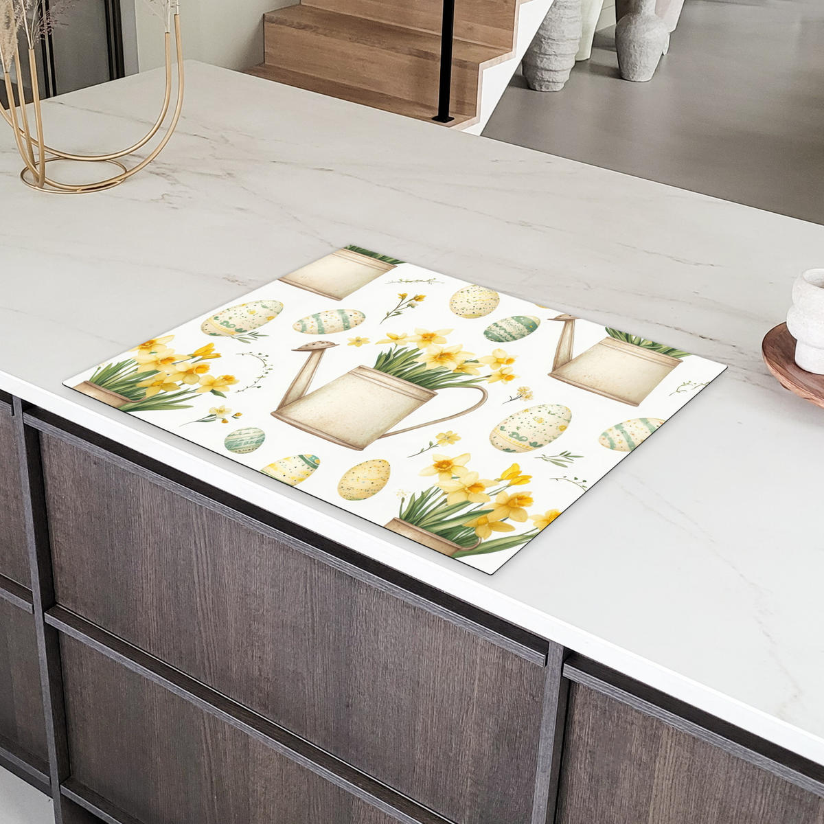 HERDABDECKPLATTE Gießkanne - Blumen - Eier Induktionsmatte 77x59 cm - Weiß, Kunststoff (77/59/0.2cm) - MuchoWow