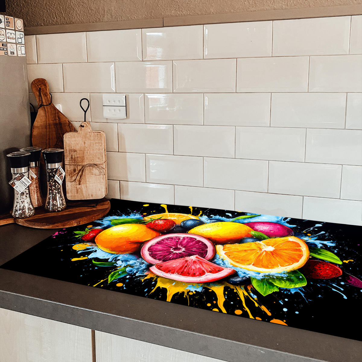 HERDABDECKPLATTE Obst - Graffiti - Bunt - Orange - Erdbeere - Abstrakt Ceranfeldabdeckung 90x52 cm - Orange, Kunststoff (90/52/0.2cm) - MuchoWow