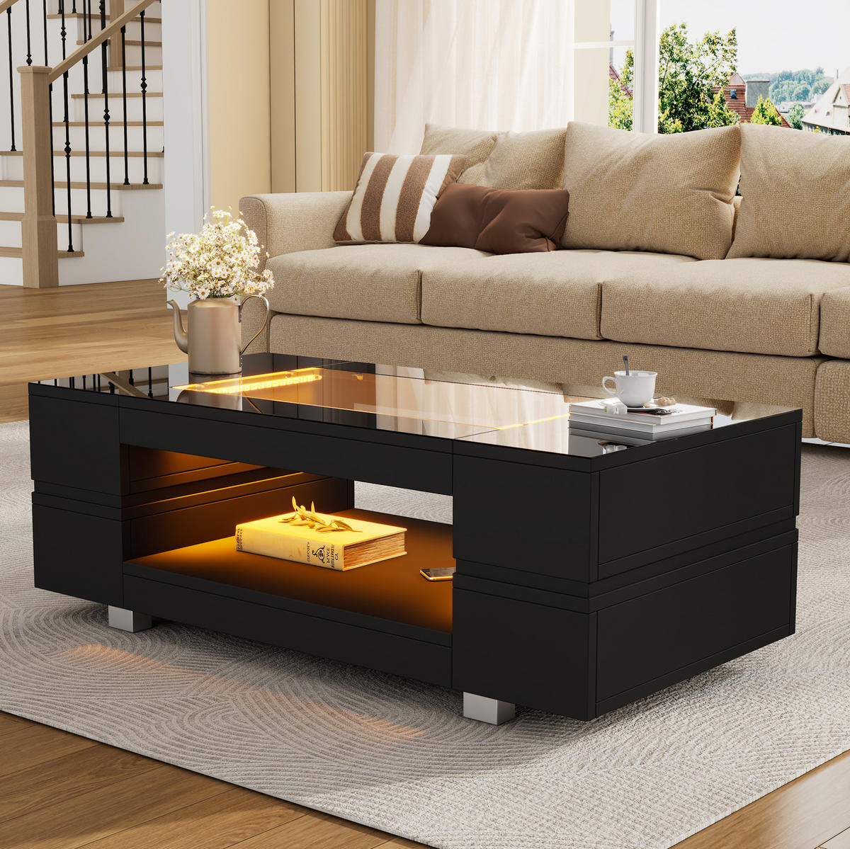 COUCHTISCH aus Spanplatte und gehärtetem Glas 100x50x35 cm in Schwarz mit LED - Schwarz, Holzwerkstoff (100/50/35cm) - Modfu