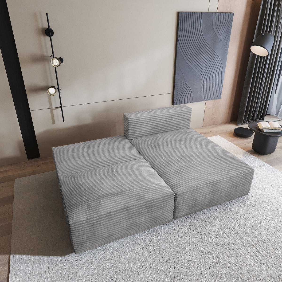 ECKSOFA FIORO Hellgrau Kordstoff mit Schlaffunktion - Hellgrau, Holz (204/148cm) - MASSENO