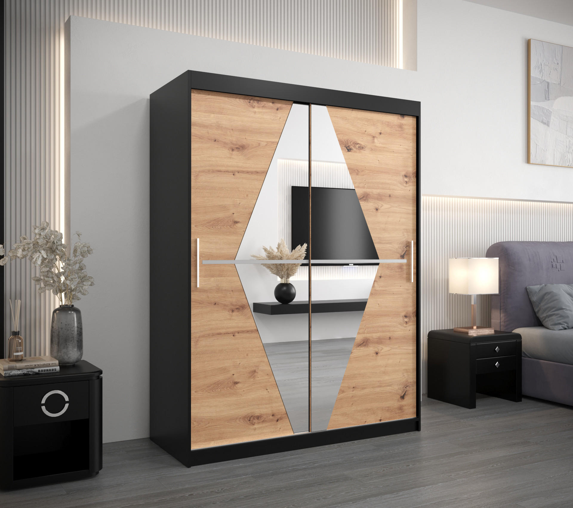 SCHWEBETÜRENSCHRANK 200/150/62 2-türig - Silberfarben/Schwarz, Holz/Kunststoff (150/200/62cm) - Abiks Möbel