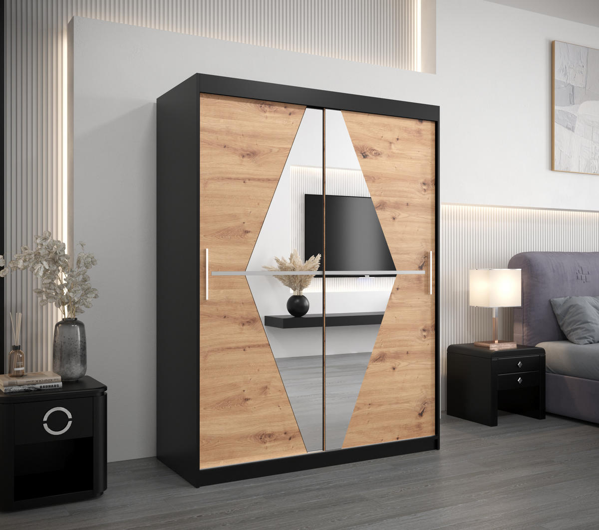 SCHWEBETÜRENSCHRANK 200/150/62 2-türig - Silberfarben/Schwarz, Holz/Kunststoff (150/200/62cm) - Abiks Möbel