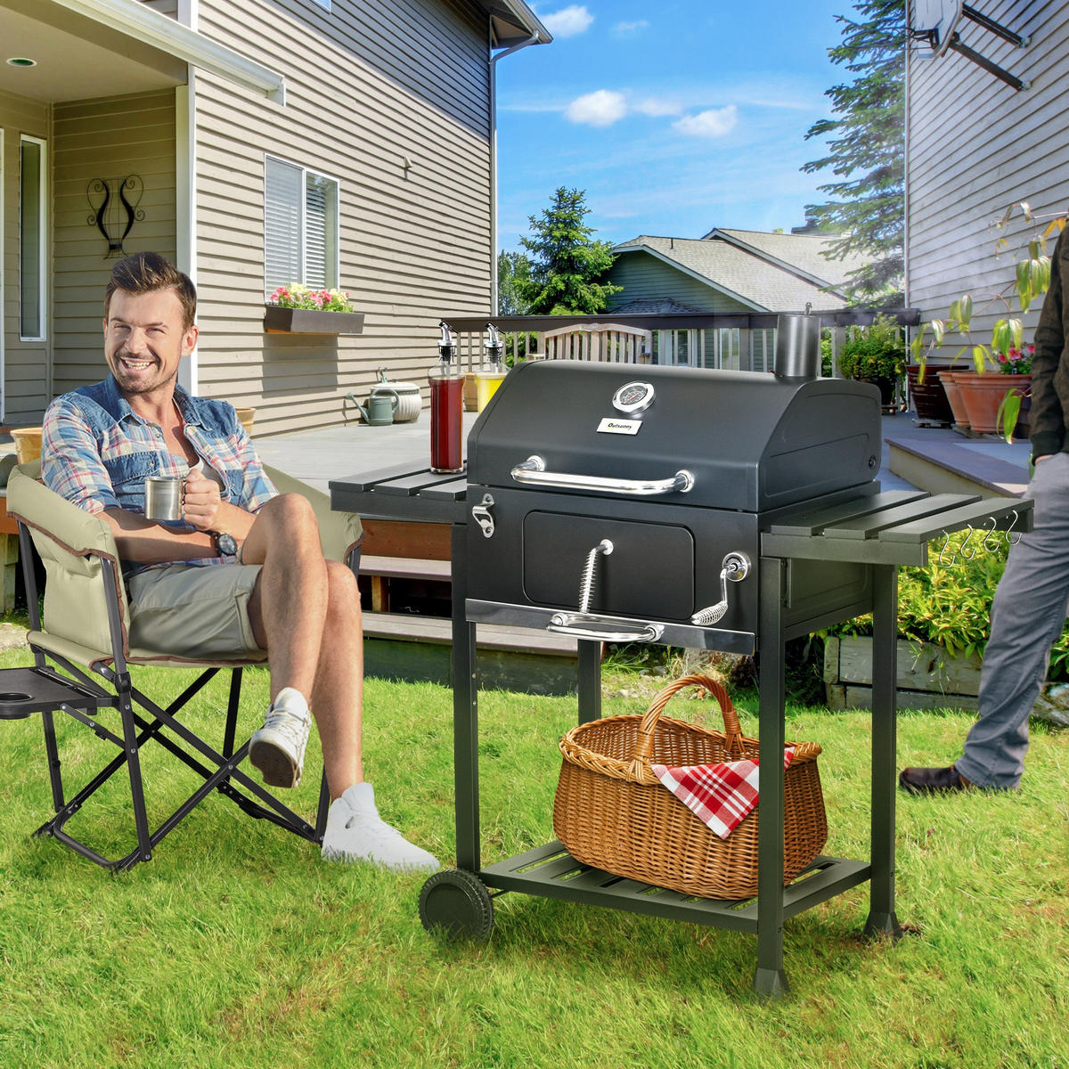 KOHLEGRILL DE-10166 mit Smoker und Thermometer Schwarz - Schwarz, Metall (64/114/120cm) - ComfortXL
