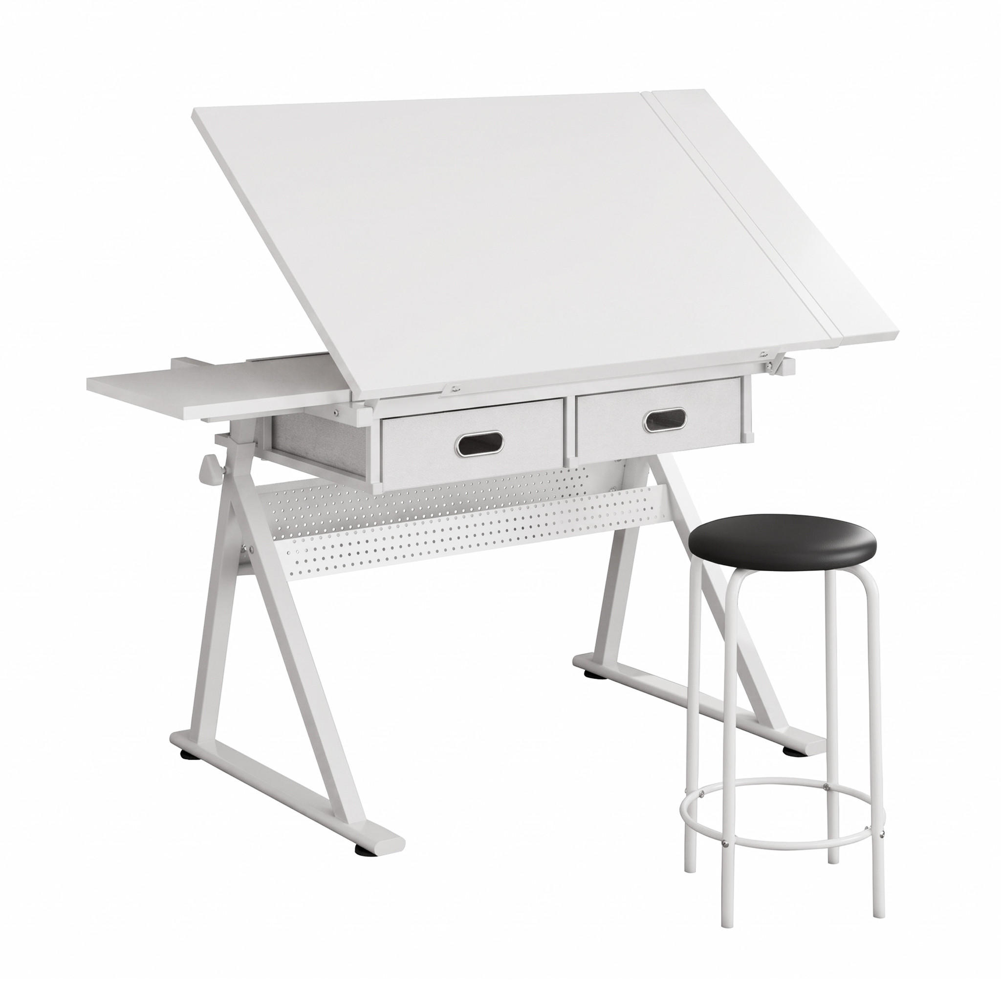 SCHREIBTISCH Zeichentisch Höhenverstellbar Neigbar Weiß inkl Hocker & Schubladen - Weiß, Holzwerkstoff (60/98/68cm) - Urban Meuble