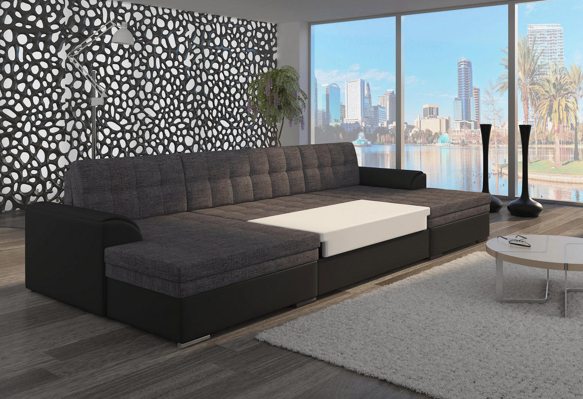 WOHNLANDSCHAFT VENTO U-Form – Großzügiges Ecksofa mit Schlaffunktion & Kissen 359 cm - Schwarz, Kunststoff (359/78/165cm) - Wohnideebilder